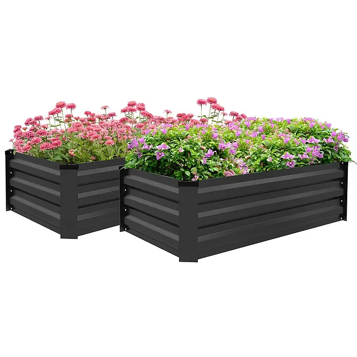 Outsunny Hochbeet - Stahl, Dunkelgrau - Zwei schwarze Metall-Hochbeete, gefüllt mit rosa und lila Blumen.