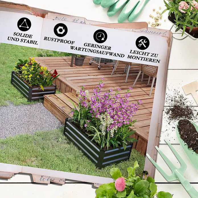 Outsunny Hochbeet - Stahl, Dunkelgrau - Zwei dunkelgraue Metall-Hochbeete mit bunten Blumen, im Garten neben einer Terrasse und einem Kiesweg.