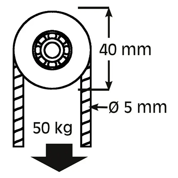 HBS Betz Seilrolle - Polyamid, Traglast: 50 kg, Durchmesser: 40 mm, 2 Stk. - Darstellung einer Rolle mit einem Durchmesser von 40 mm und einer Traglast von 50 kg, Seildurchmesser beträgt 5 mm.