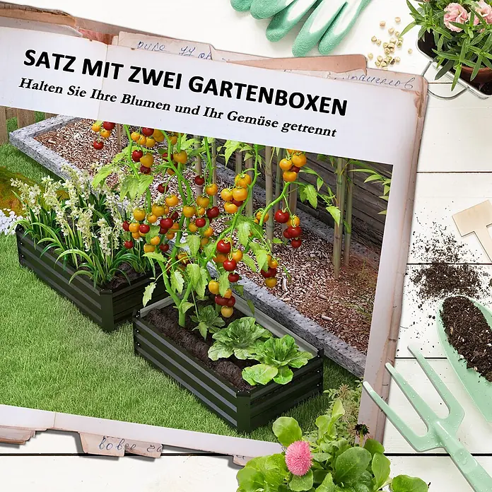 Outsunny Hochbeet - Stahl, Dunkelgrau - Zwei dunkle Metall-Hochbeete auf Rasen, eines mit Blumen, eines mit Gemüse bepflanzt.
