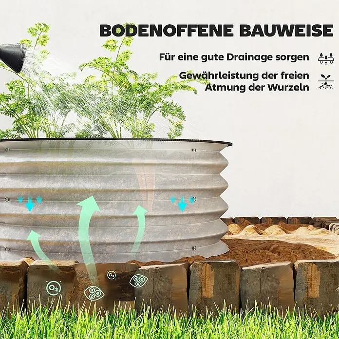 Outsunny Hochbeet - Metall, Silber - Hochbeet aus verzinktem Wellblech mit offenem Boden, das Drainage und Wurzelbelüftung für gesunde Pflanzen zeigt.