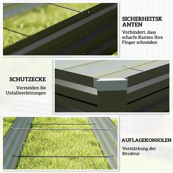 Outsunny Hochbeet - Stahl, Dunkelgrau - Detailansichten einer grauen Metall-Pflanzkiste mit Sicherheitskanten, Schutzecken und stabilisierenden Querstreben.