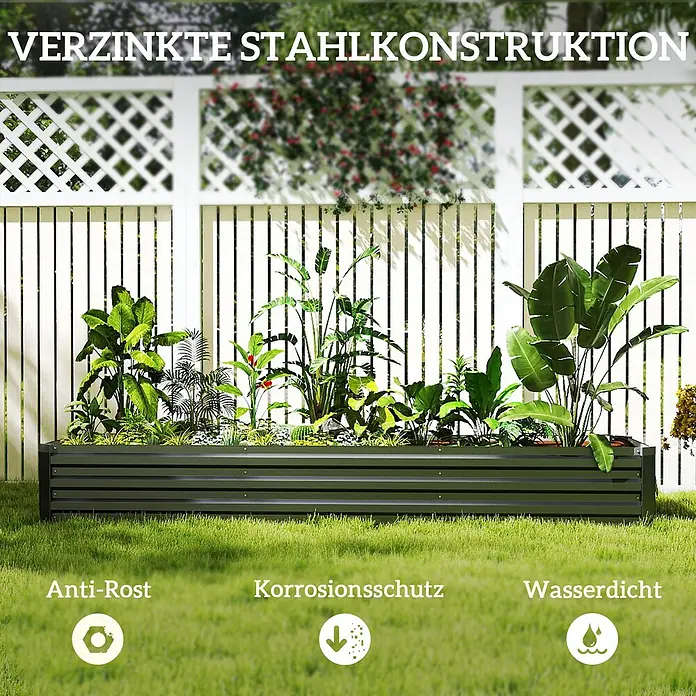 Outsunny Hochbeet - Stahl, Dunkelgrau - Dunkelgrünes Hochbeet aus verzinktem Stahl, mit Pflanzen gefüllt.