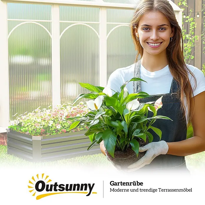 Outsunny Hochbeet - Stahl, Dunkelgrau - Dunkelgraues, erhöhtes Metall-Gartenbeet, mit Blumen bepflanzt in einem Garten.