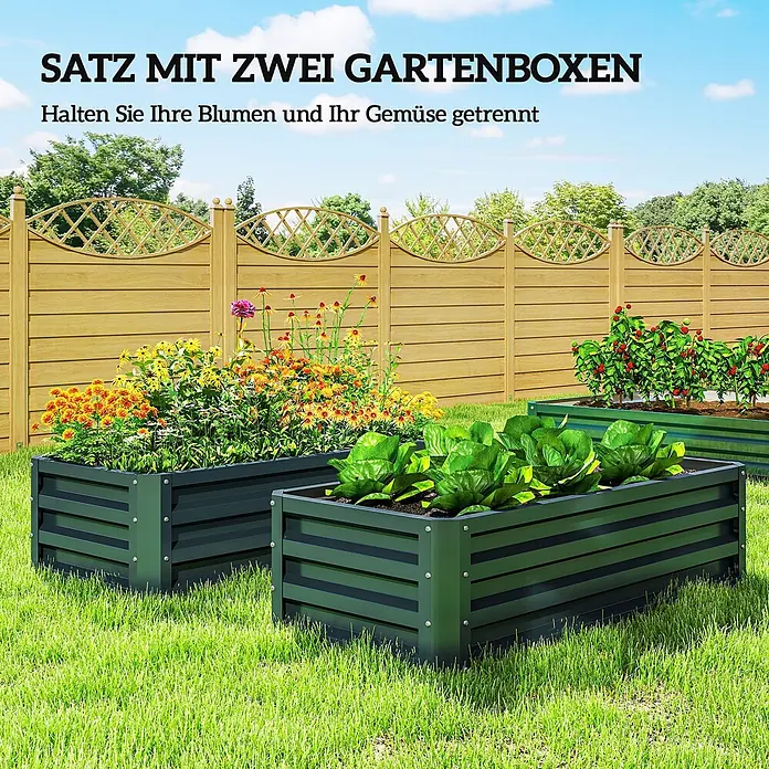 Furnicato Hochbeet - 110 x 50 x 30 cm, Stahl, Grün - Satz von zwei dunkelgrünen Metall-Hochbeeten. Eines mit Blumen, das andere mit Salat, zur separaten Bepflanzung.