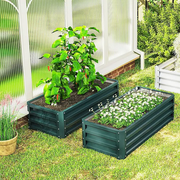 Furnicato Hochbeet - 110 x 50 x 30 cm, Stahl, Grün - Zwei dunkelgrüne Hochbeete aus Metall, bepflanzt mit Chilischoten und weißen Blumen, auf Rasen.
