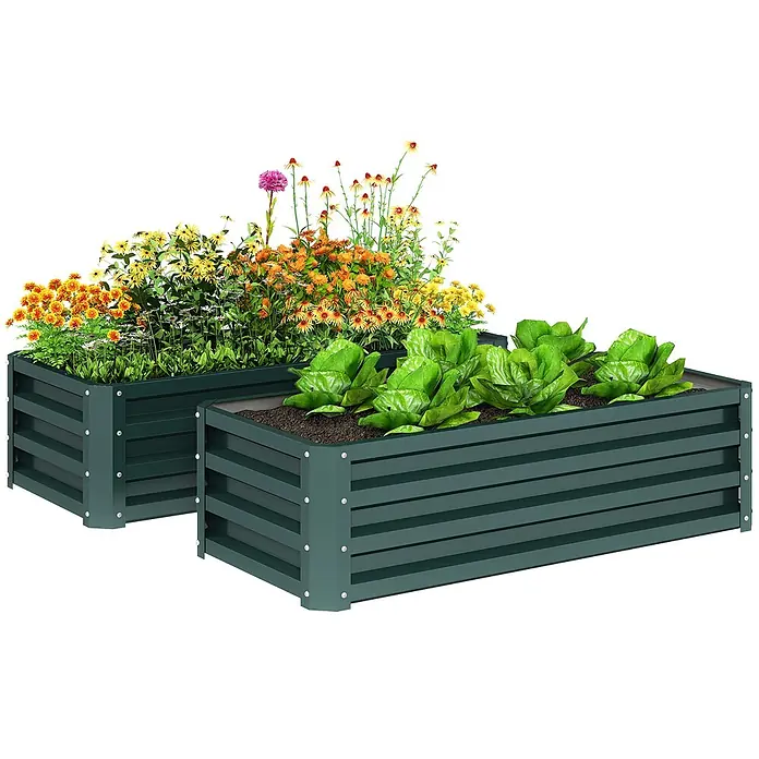 Outsunny Hochbeet - 110 x 50 x 30 cm, Stahl, Grün - Zwei dunkelgrüne Hochbeete aus Metall, eines mit Blumen, eines mit Salat.