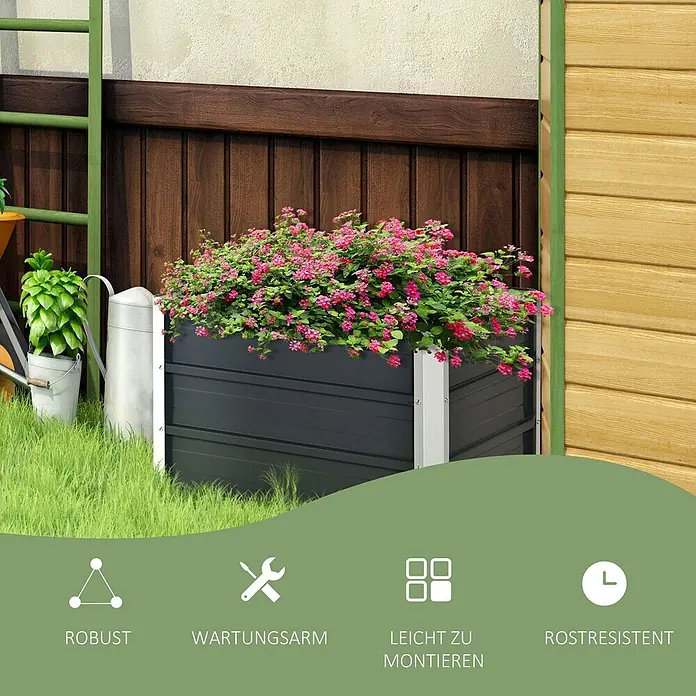 Outsunny Hochbeet - Stahl, Dunkelgrau - Ein dunkelgraues Hochbeet aus Metall mit leuchtend rosa Blumen, im Garten platziert.