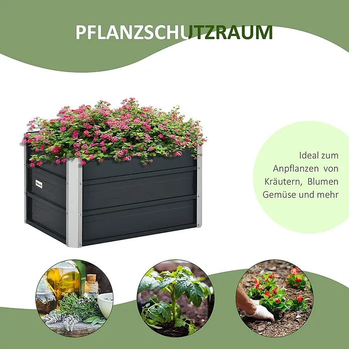 Outsunny Hochbeet - Stahl, Dunkelgrau - Dunkelgraues Hochbeet aus Metall mit silbernen Eckpfosten, gefüllt mit leuchtend rosa Blumen. Ideal für Kräuter, Blumen und Gemüse.