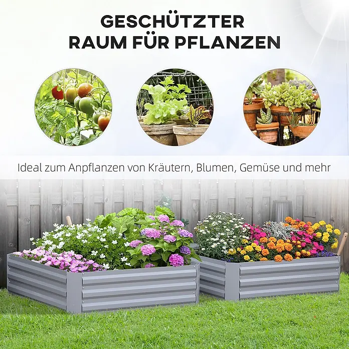 Furnicato Hochbeet - 100 x 100 x 30 cm, Stahl, Grau - Zwei graue Hochbeete aus Wellblech mit bunten Pflanzen und Blumen im Garten.