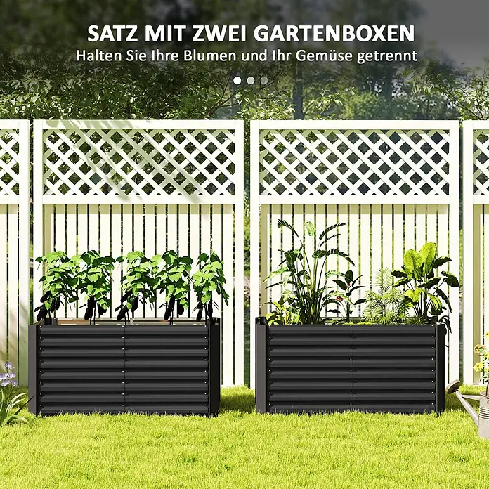 Furnicato Hochbeet - 120 x 60 x 60 cm, Stahl, Dunkelgrau - Zwei schwarze Wellblech-Hochbeete, die Gemüse und Blumen im Garten trennen.