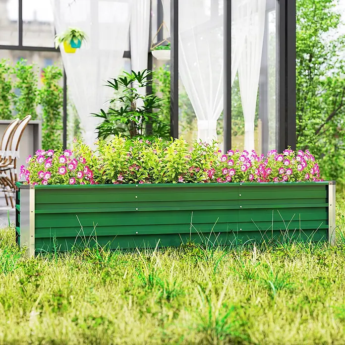 Furnicato Hochbeet - 183 x 47 x 40 cm, Stahl, Grün - Grünes Metall-Hochbeet, gefüllt mit bunten Blumen und üppigen Grünpflanzen, im Freien.