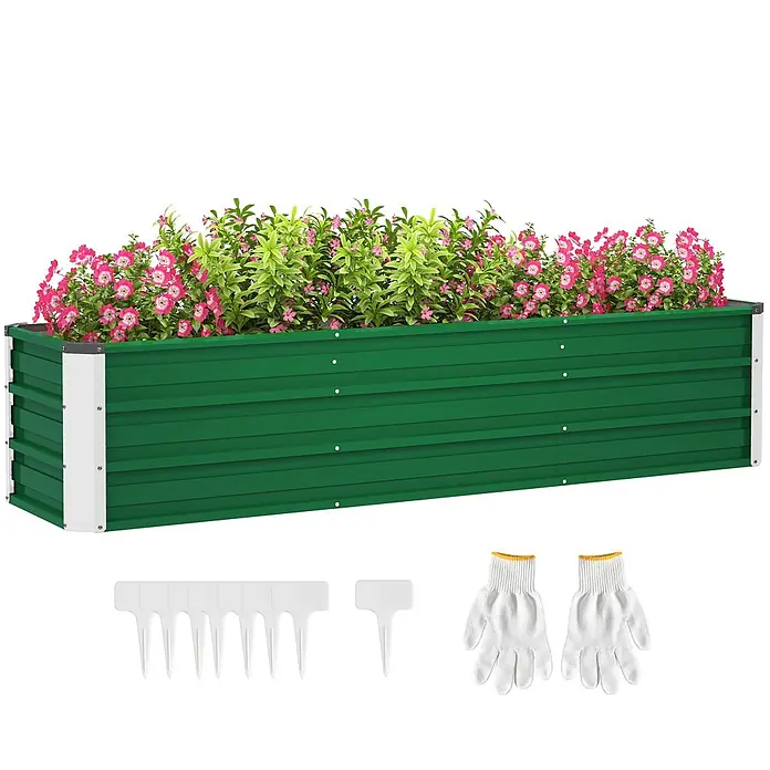 Outsunny Hochbeet - 183 x 47 x 40 cm, Stahl, Grün - Grünes Hochbeet aus Metall mit blühenden Pflanzen, inklusive weißer Pflanzenstecker und Gartenhandschuhe.