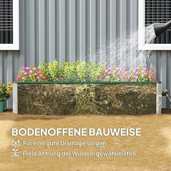 Furnicato Hochbeet - 183 x 47 x 40 cm, Stahl, Grün - Hochbeet mit Schnittansicht von Erde & Wurzeln, das seinen offenen Boden für Drainage & Wurzelatmung hervorhebt.