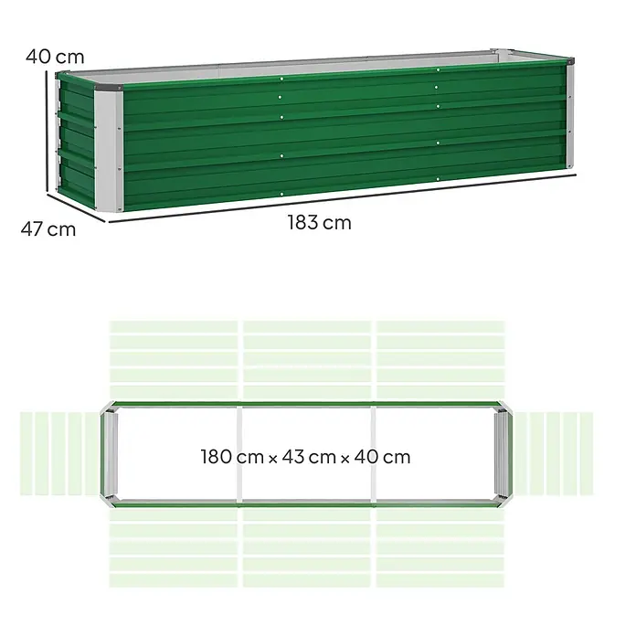 Outsunny Hochbeet - 183 x 47 x 40 cm, Stahl, Grün - Grünes Pflanzbeet aus Wellblech, 183 cm lang, 47 cm breit und 40 cm hoch, zum Bepflanzen.