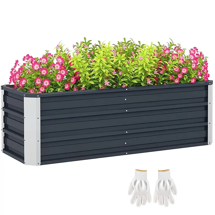 Outsunny Hochbeet - Stahl, Kohlegrau - Langes, dunkelgraues Hochbeet aus Metall mit weißen Ecken, gefüllt mit rosa Blumen und grünen Pflanzen. Ein Paar weiße Gartenhandschuhe liegt davor.