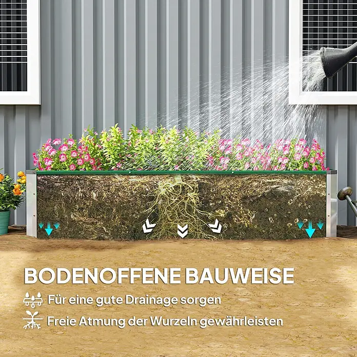 Furnicato Hochbeet - 183 x 47 x 40 cm, Stahl, Grün - Hochbeet mit offener Bauweise für gute Drainage und Wurzelatmung. Silbernes Metallbeet mit grünem Rand, Pflanzen werden gegossen.