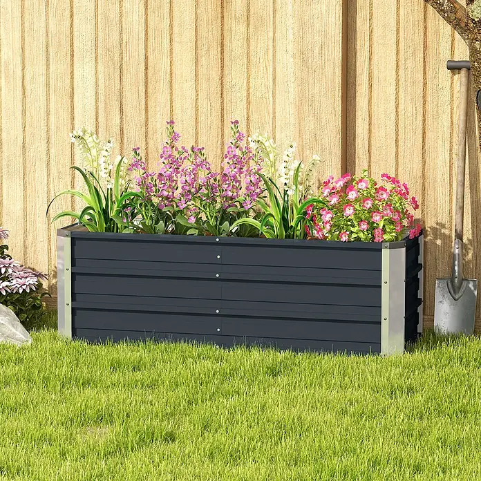 Outsunny Hochbeet - Stahl, Kohlegrau - Dunkelgraues Hochbeet aus Metall, gefüllt mit verschiedenen bunten Blumen, in einem sonnigen Garten.