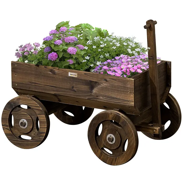 Outsunny Hochbeet - Holz, Verkohlt - Dunkelbrauner Holz-Wagenpflanzkasten mit bunten Blumen (lila, rosa, weiß), Rädern und Griff.