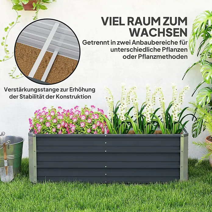 Outsunny Hochbeet - Stahl, Kohlegrau - Dunkelgraues Hochbeet, verstärkt und in zwei Anbaubereiche für verschiedene Pflanzen unterteilt, mit Blumen.