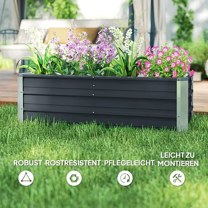 Outsunny Hochbeet - Stahl, Kohlegrau - Robustes, rostbeständiges, dunkelgraues Hochbeet aus Metall mit silbernen Ecken und bunten Blumen.