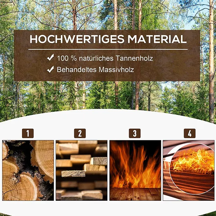 Outsunny Hochbeet - Holz, Verkohlt - Hochwertiges Material aus natürlichem Tannen- und behandeltem Massivholz, dargestellt mit Holzstrukturen und einem Feuerelement.