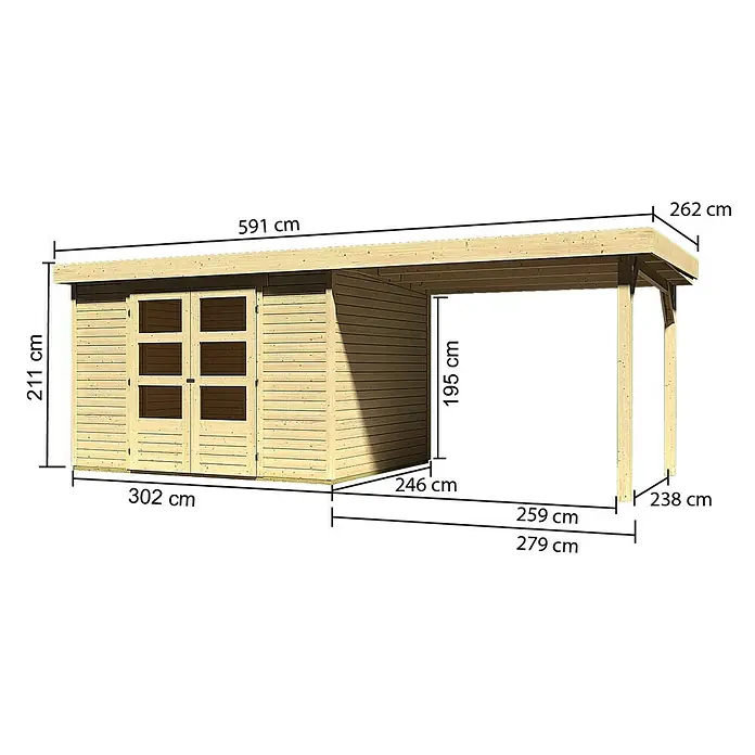 Karibu Gartenhaus Askola - Außenmaß inkl. Dachüberstand (B x T): 591,5 x 262 cm, Holz, Natur, Mit Anbaudach - Abbildung eines Holzgartenhauses mit Anbau, inklusive Maßangaben zu Länge, Breite und Höhe für eine detaillierte Produktübersicht.