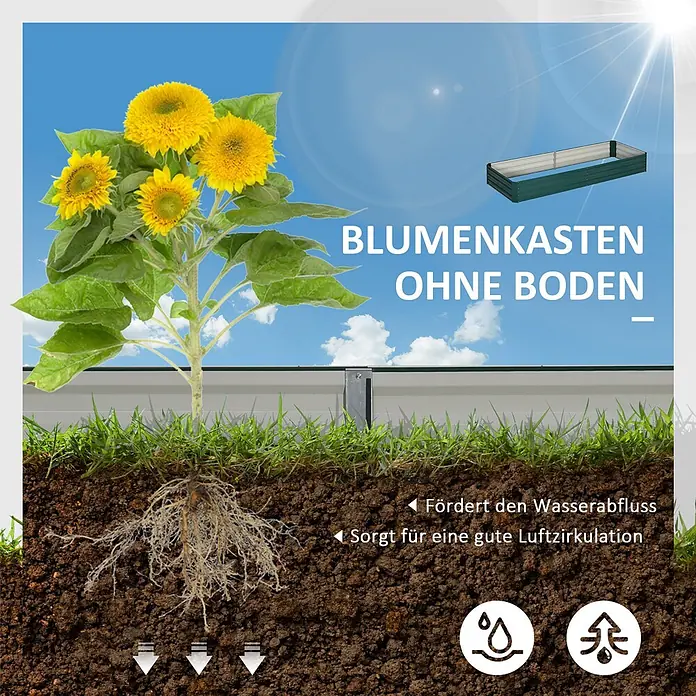 Outsunny Hochbeet - 241 x 90,5 x 30 cm, Stahl, Dunkelgrün - Dunkelgrünes bodenloses Hochbeet mit Sonnenblume, die durch den Boden in die Erde wächst, zeigt gute Drainage und Wurzelentwicklung.