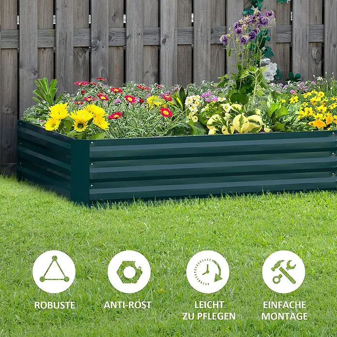 Outsunny Hochbeet - 241 x 90,5 x 30 cm, Stahl, Dunkelgrün - Ein dunkelgrünes Hochbeet aus Wellblech, gefüllt mit bunten Blumen und Pflanzen im Garten.
