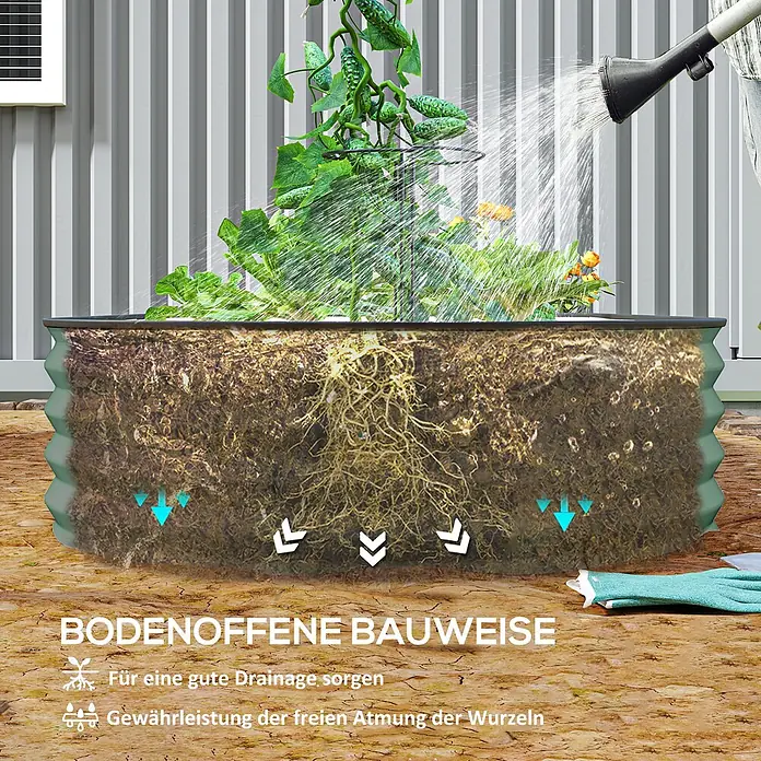 Outsunny Hochbeet - Stahl, Grün - Erhöhtes Gartenbeet mit offenem Boden, das Bewässerung, Drainage und freie Wurzelatmung in einem Querschnitt zeigt.