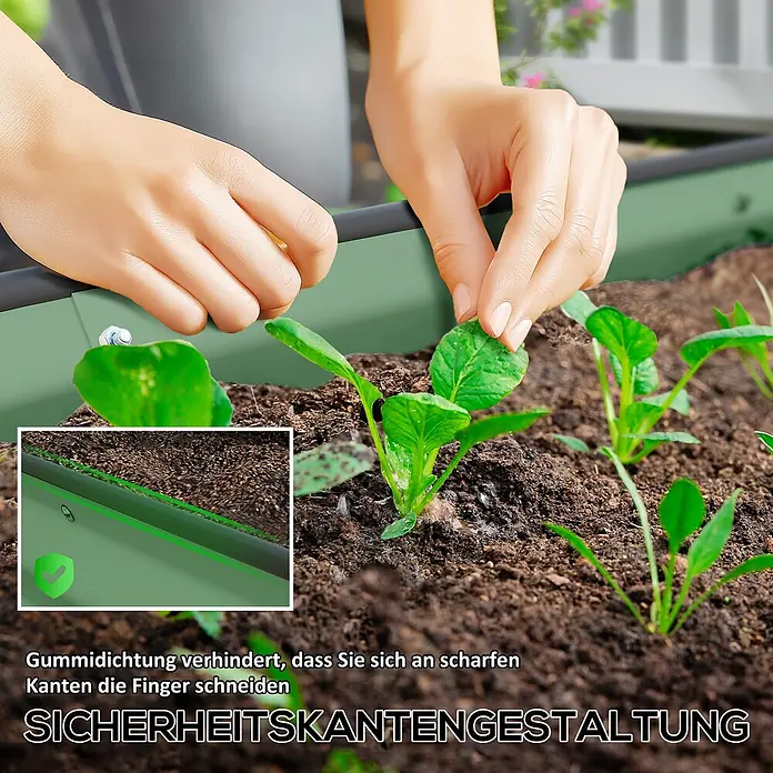 Outsunny Hochbeet - Stahl, Grün - Grünes Metall-Hochbeet mit schwarzer Gummi-Sicherheitskante beim Pflanzen. Die Kante schützt vor Schnittverletzungen.