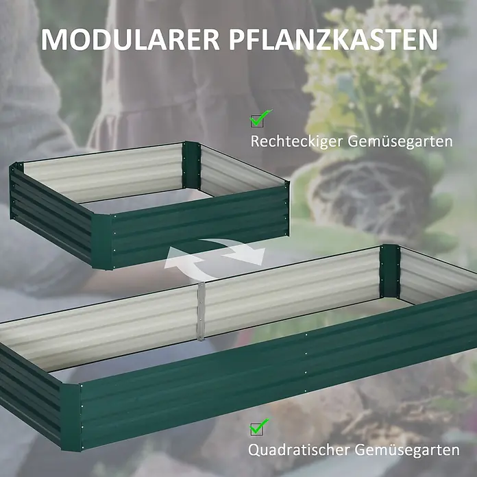 Outsunny Hochbeet - 241 x 90,5 x 30 cm, Stahl, Dunkelgrün - Modulare grüne Metall-Hochbeete, im Garten als rechteckige und quadratische Konfigurationen gezeigt.
