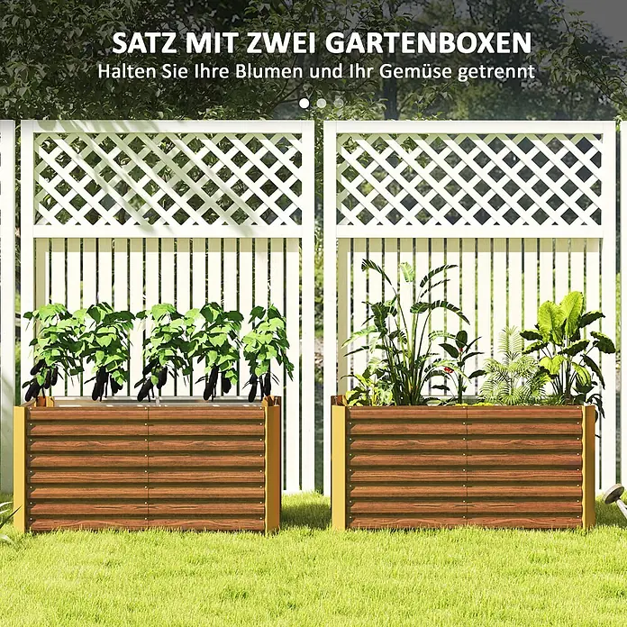 Outsunny Hochbeet - 120 x 60 x 60 cm, Stahl, Braun - Zwei braune Hochbeete in Holzoptik mit gelben Eckpfosten, zum Trennen von Blumen und Gemüse.