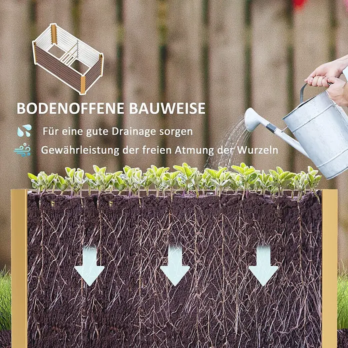 Outsunny Hochbeet - 120 x 60 x 60 cm, Stahl, Braun - Querschnitt eines Hochbeets zeigt offene Bodenkonstruktion für gute Drainage und Wurzelbelüftung, während Pflanzen bewässert werden.
