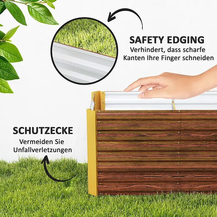 Outsunny Hochbeet - 120 x 60 x 60 cm, Stahl, Braun - Hochbeet mit braunen Holzoptik-Platten, gelbem Rahmen und weißer Sicherheitskante. Mit Schutzecke zur Unfallvermeidung.