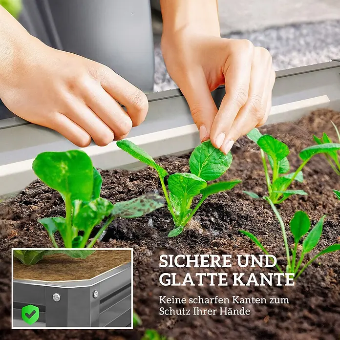 Outsunny Hochbeet - Stahl, Hellgrau - Hochbeet aus grauem Metall mit Holzoptik-Rand. Hände pflegen Pflanzen und betonen die sichere, glatte Kante zum Handschutz.