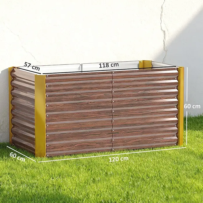 Outsunny Hochbeet - 120 x 60 x 60 cm, Stahl, Braun - Braunes Hochbeet aus Wellblech in Holzoptik mit gelbem Rahmen, Maße auf Rasen gezeigt.