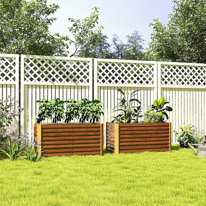 Outsunny Hochbeet - 120 x 60 x 60 cm, Stahl, Braun - Zwei braune Hochbeete in Holzoptik mit gelben Akzenten, bepflanzt, ideal für jeden Garten.