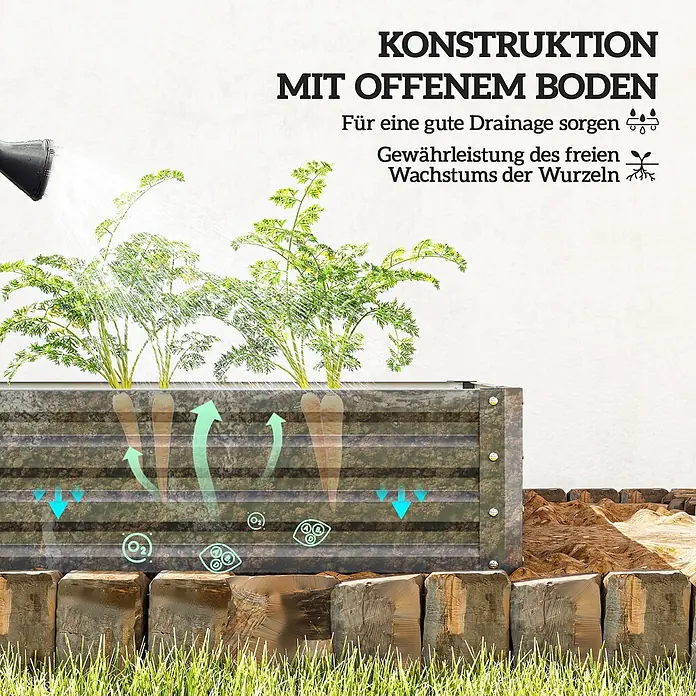 Outsunny Hochbeet - Stahl, Hellgrau - Metall-Hochbeet mit offenem Boden für optimale Drainage und freies Wurzelwachstum, mit Karotten bepflanzt.
