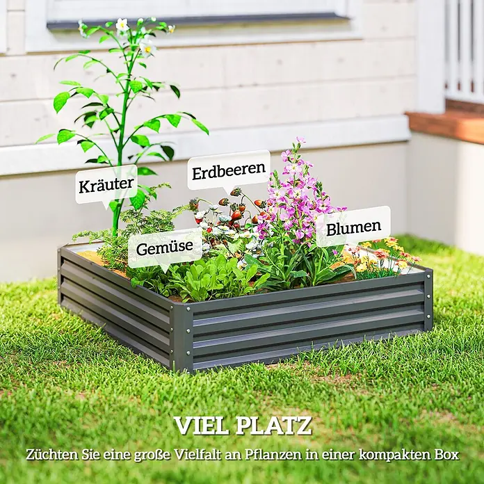 Outsunny Hochbeet - Stahl, Hellgrau - Dunkelgraues Hochbeet aus Metall für den Garten, mit Kräutern, Erdbeeren, Gemüse und Blumen in kompakter Anordnung.