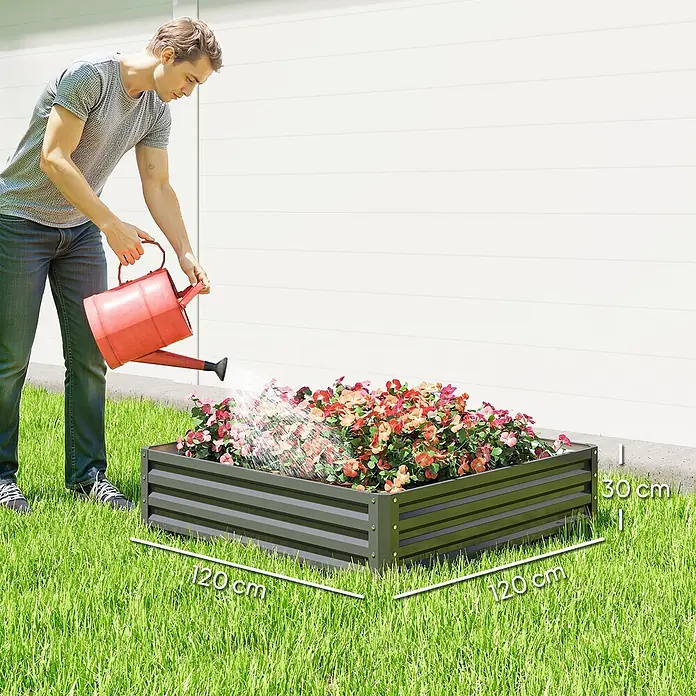 Outsunny Hochbeet - Stahl, Hellgrau - Dunkelgraues Hochbeet (120x120x30 cm) aus Metall mit bunten Blumen, von einer Person gegossen.