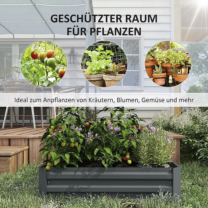 Outsunny Hochbeet - Stahl, Dunkelgrau - Dunkelgraues Metall-Hochbeet, bepflanzt mit Kräutern, Blumen und Gemüse im Außenbereich.