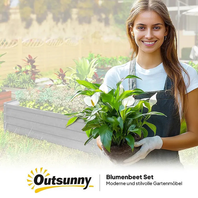 Outsunny Hochbeet - Stahl, Hellgrau - Graues Metall-Hochbeet in einer Gartenumgebung, mit einer Frau, die eine Pflanze zum Einpflanzen hält.
