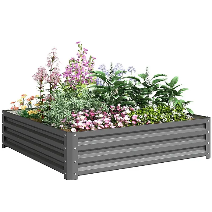 Outsunny Hochbeet - Stahl, Hellgrau - Dunkelgraues Hochbeet aus Metall, gefüllt mit verschiedenen bunten Blumen und üppigen grünen Pflanzen.