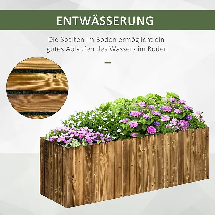 Furnicato Hochbeet - 120 x 40 x 40 cm, Holz, Naturholz - Brauner Blumenkasten aus Holz mit Blumen, zeigt den Lattenboden zur Entwässerung.