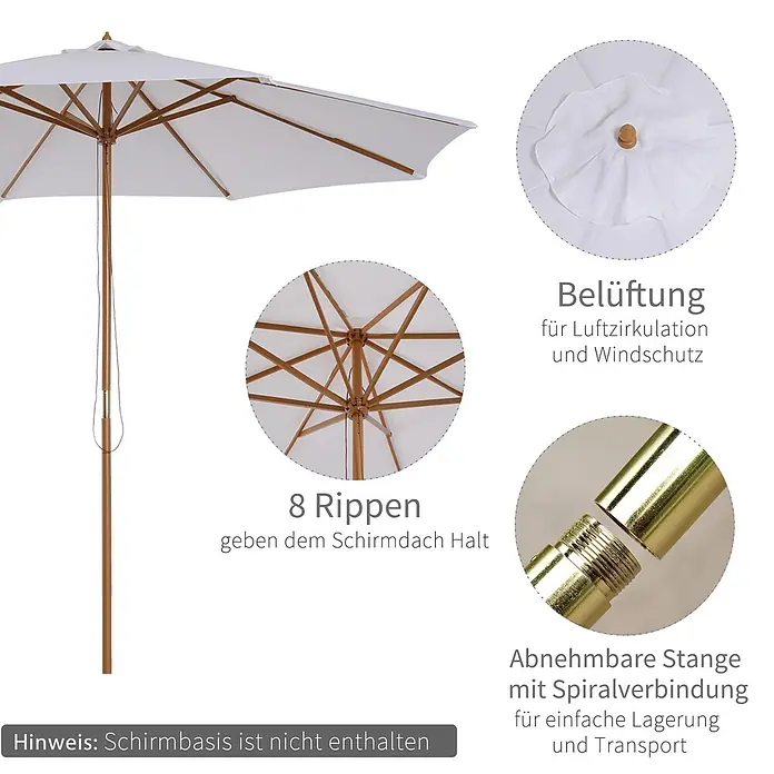 Outsunny Balkonschirm rund mit wasserabweisendem und UV-beständigem Stoff - Weiß, Durchmesser Bespannung: 300 cm - Weißer Gartenschirm mit Holzgestell, Belüftung und 8 Rippen. Abnehmbare Stange für einfachen Transport.