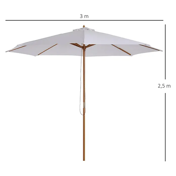 Outsunny Balkonschirm rund mit wasserabweisendem und UV-beständigem Stoff - Weiß, Durchmesser Bespannung: 300 cm - Weißer Sonnenschirm mit Holzstiel, 3 m breit und 2,5 m hoch.