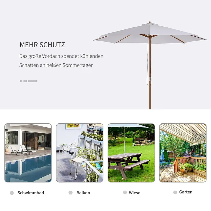 Outsunny Balkonschirm rund mit wasserabweisendem und UV-beständigem Stoff - Weiß, Durchmesser Bespannung: 300 cm - Weißer Gartenschirm mit Holzstange, spendet kühlen Schatten. Vielseitig einsetzbar für Pool, Balkon, Wiese oder Garten.
