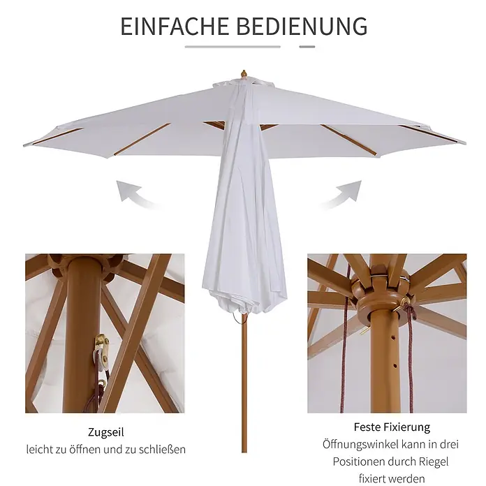 Outsunny Balkonschirm rund mit wasserabweisendem und UV-beständigem Stoff - Weiß, Durchmesser Bespannung: 300 cm - Weißer Sonnenschirm mit Holzrahmen, Seilzug zum Öffnen und Stift zur 3-Positionen-Winkelarretierung.