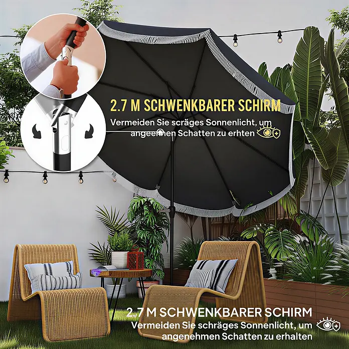 Outsunny Balkonschirm rund - Dunkelgrau, Durchmesser Bespannung: 269 cm - 2,7m neigbarer dunkler Sonnenschirm mit Fransen für die Terrasse. Nahaufnahme zeigt den Neigungsmechanismus.